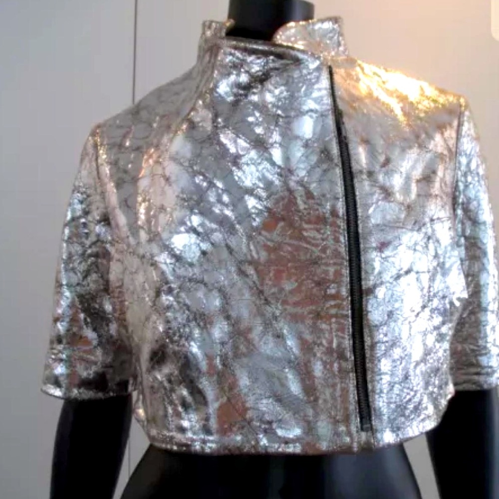 New with tags out of this world silver leather cropped jacket by Gary Graham.